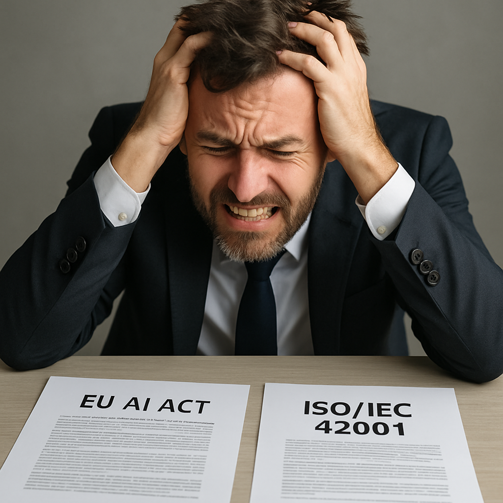 Ein Unternehmer rauft sich die Haare whrend er die Paragraphen des EU AI Act und der ISO42001 liest