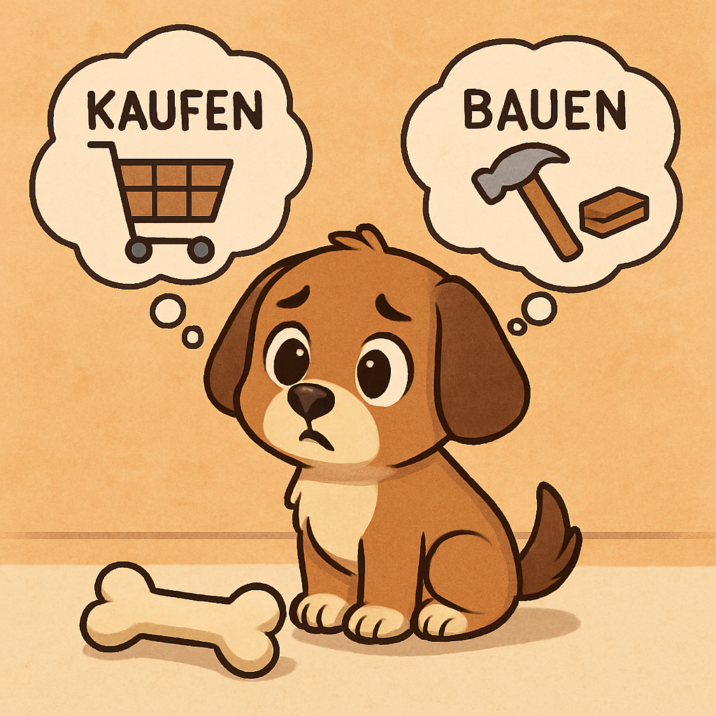 Ein ser Hund sitzt vor seinem Knochen und berlegt ob kaufen oder selbst bauen die richtige Wahl ist